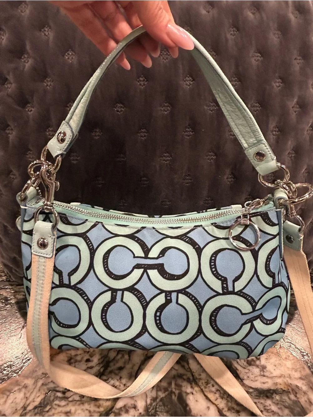 Coach Y2K Light-Blue and Black Poppy 3D Op Art Groovy Shoulder Bag